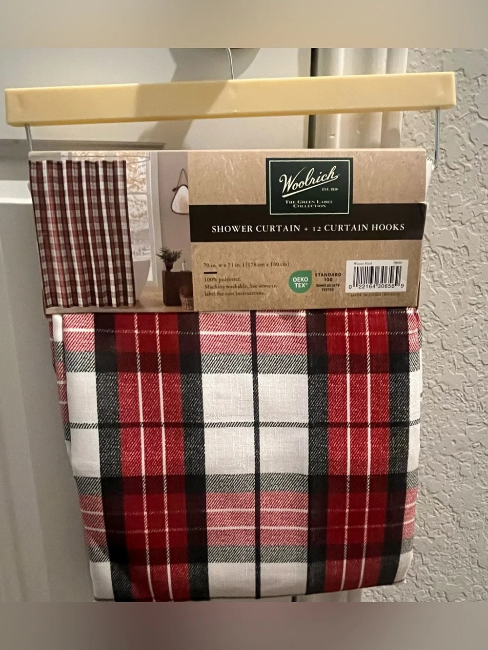 Woolrich Red Black White Plaid Shower Curtain Holiday Preppy with Hooks NEW